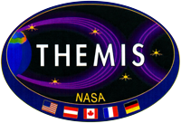 Themis logo. Background graphic depicting mass and energy moving through the near-Earth space environment. Text reads: Themis. Nasa.