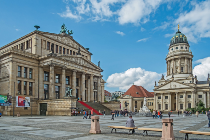 View of Berlin Concert Hall (left) and the French Cathedral at the Gendarmenmarkt, a square in Berlin.