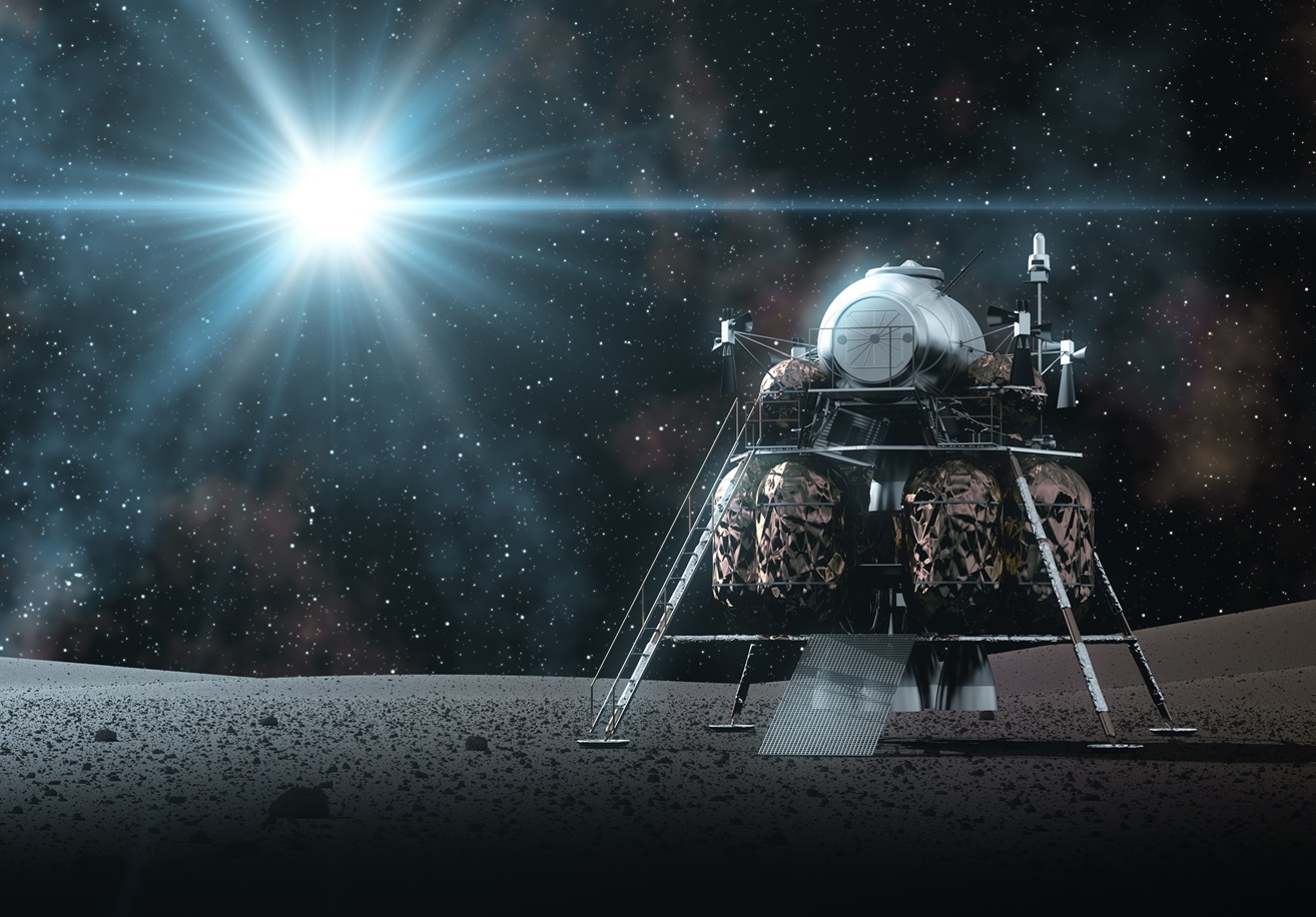 Space Lander On The Rays Of Light. 3D Illustration.