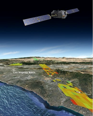 A rendering of what NASA's Orbiting Carbon Observatory-2 satellite would look like over Los Angeles, with real data from the region overlaid