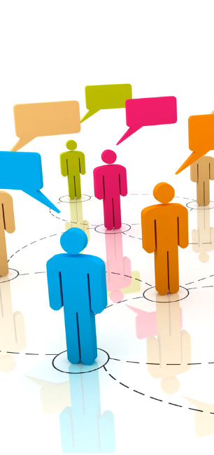 Graphic depicting a network of people having discussions.