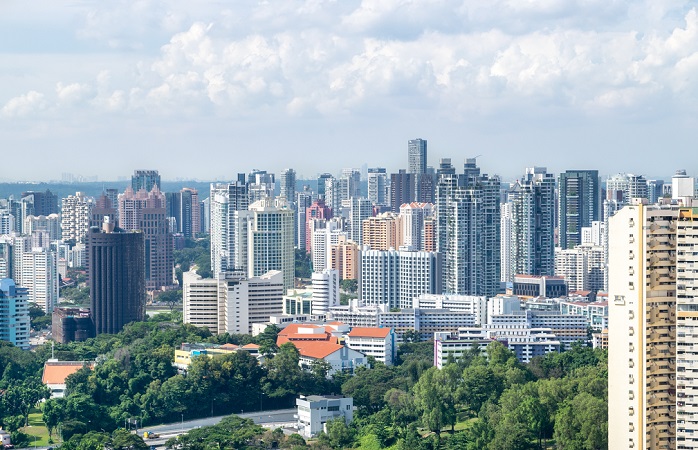 Atlanta skyline in daytime, tall buildings and green trees