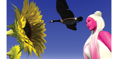 Painting of larger-than-life dandelion, a bird, and woman with white hair and bright pink skin against a blue sky