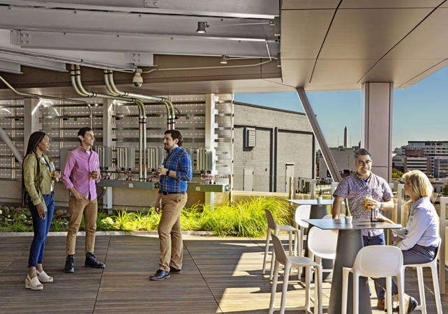 Illustration of the AGU rooftop reception area, sunny day