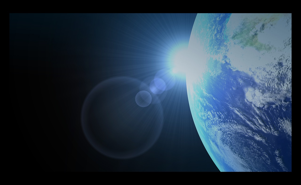 Artist's rendering of Earth in space with rising sun