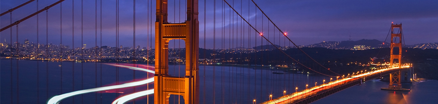 The Golden Gate Bridge lit up at night