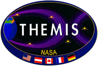 Themis logo. Background graphic depicting mass and energy moving through the near-Earth space environment. Text reads: Themis. Nasa.