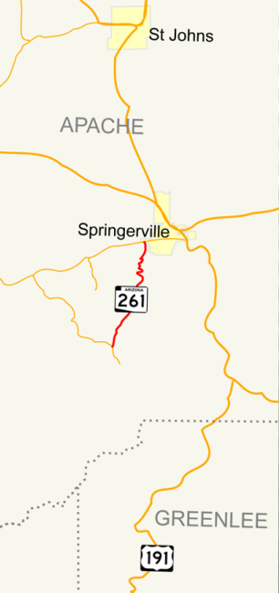 Map of towns and state routes near Springerville, Arizona