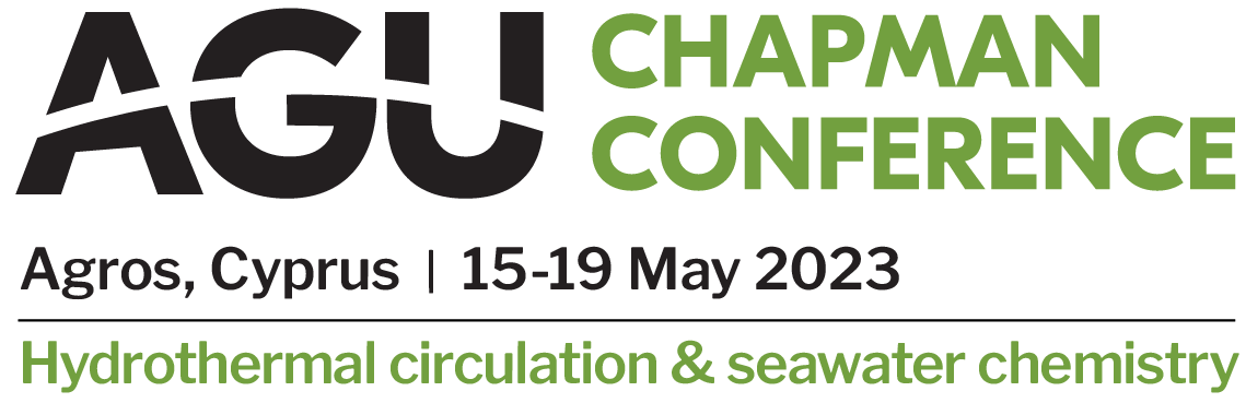 Text Logo: AGU Chapman Conference. Agros, Cyprus. 15-19 May 2023. Hydrothermal Circulation and Seawater Chemistry