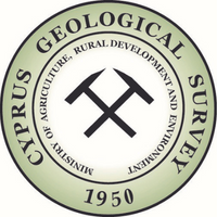 Logo: Cyprus Geological Survey 1950. A pair of pickaxes are crossed in the center of the image