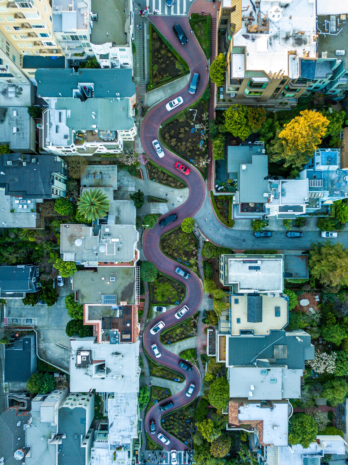 An aerial  view of the sindy Lombard Street in San Francisco with a number of cars traveling down the road.