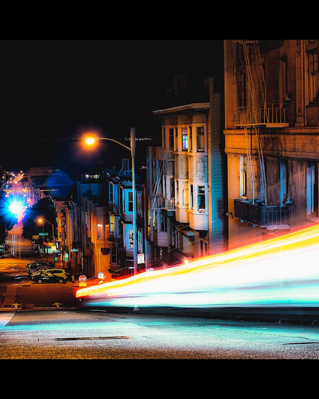 San Francisco at night with city street moving lights