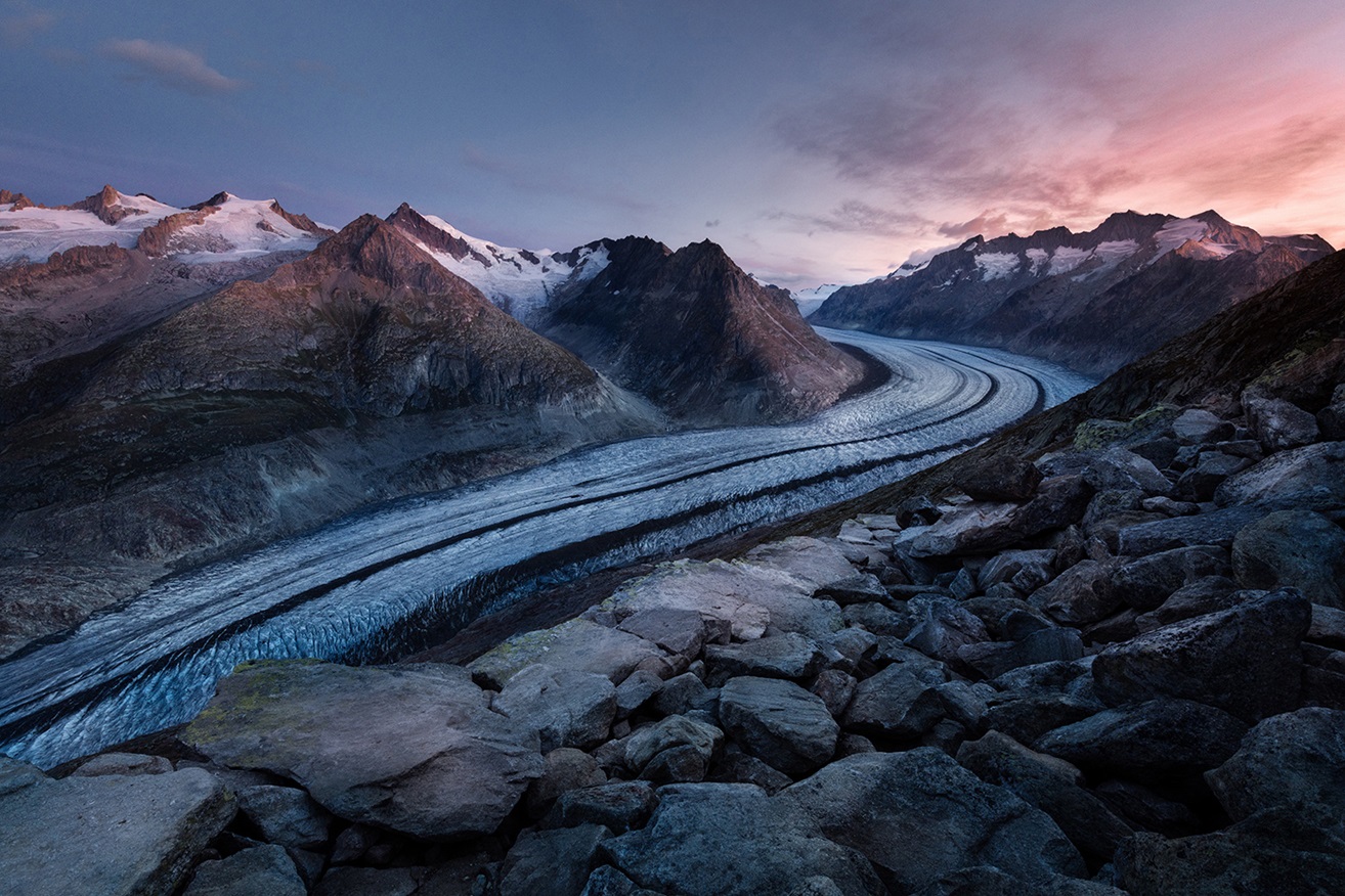 Mountain glaciers at sunset