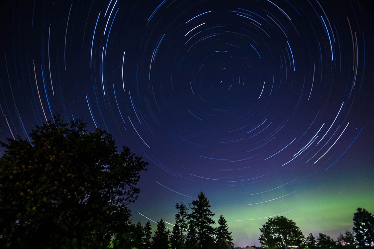 Silhouette trees with northern lights and long exposure stars in background