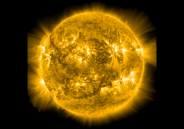 This image shows gases in the Sun's corona at a temperature of 1 million degrees Kelvin (1.8 million degrees Fahrenheit) observed in the extreme ultraviolet wavelength of light.  