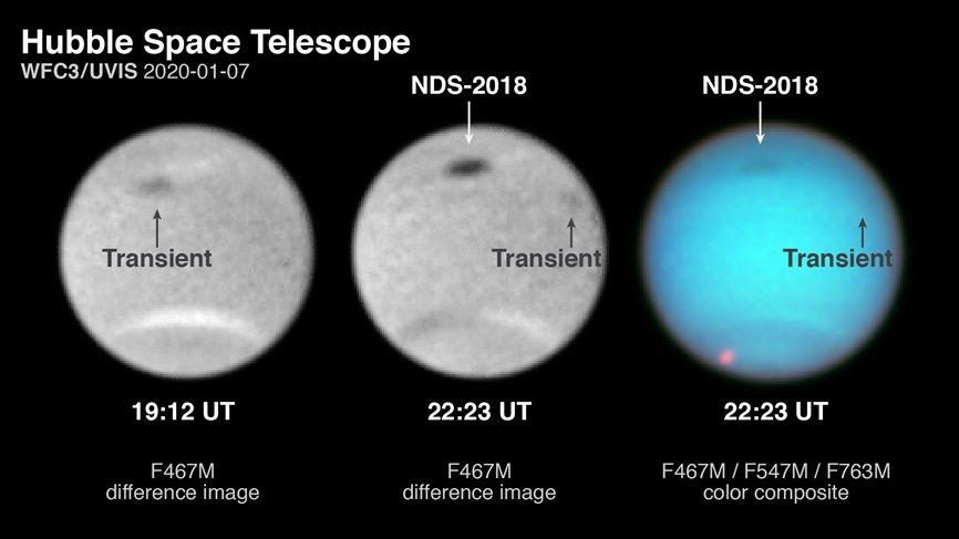 mages of Neptune captured by the Hubble Space Telescope in January 2020 reveal the position of NDS-2018, a dark spot first detected two years ago, as well as a new transient dark feature. The center panel shows an image of Neptune captured in the blue light channel that displays both features. The left panel, also in the blue light channel, shows a rotated perspective of the planet and provides a clearer view of the new transient feature. The right panel is a composite image—including the red, green and blue light channels—that illustrates the features in the visible light spectrum. 