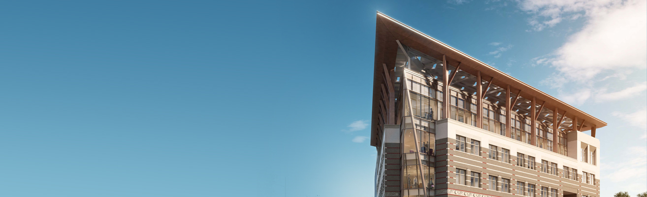 A rendering of the AGU building's glass Prow with blue skies