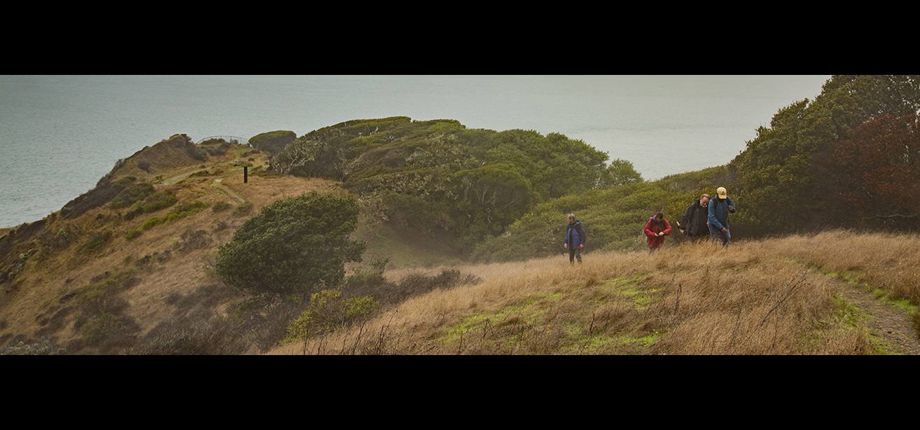 Hiking over hill on ocean angel field trip during fall meeting
