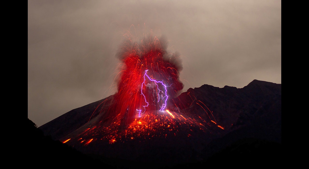 Volcano erupting with lightning in Japan