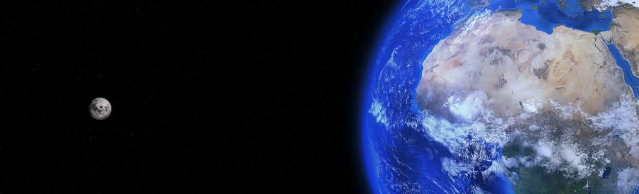 Partial view of Earth from space. The moon can be seen in the distance.