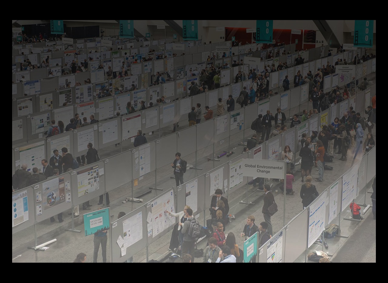 A photo of the poster hall at AGU Fall Meeting with a gradient overlay