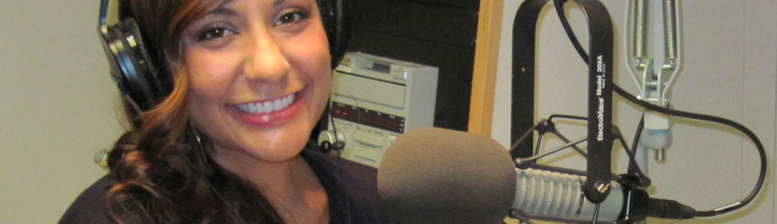 Woman giving a radio interview