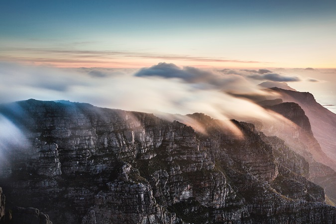 Fog over the rocks at Table Mountain in South Africa