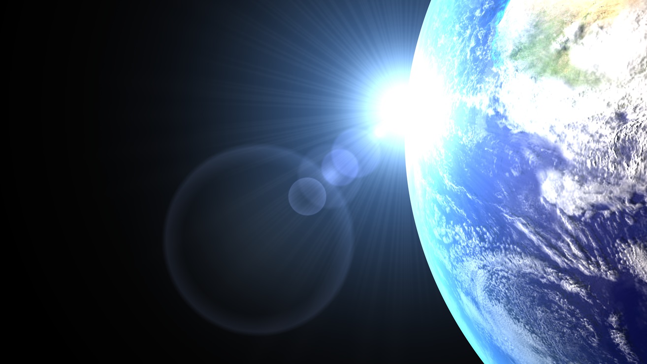 artist's rendering of Earth in space with rising sun