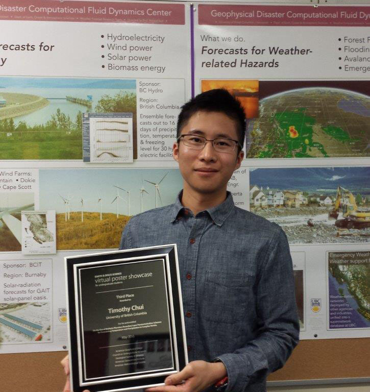 VPS winner Timothy Chui standing in front of his poster presentation with his winner's plaque