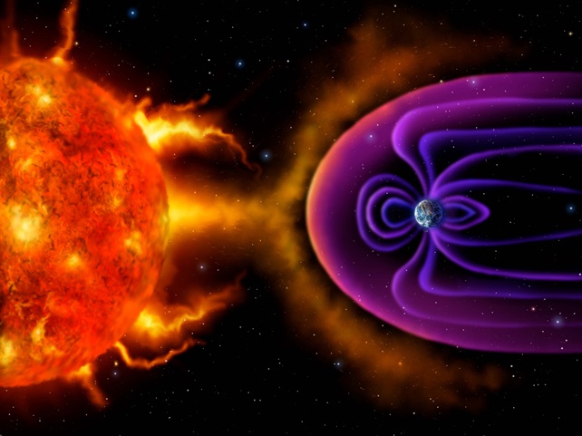Digital illustration of the Earth's Magnetosphere deflecting solar wind and radiation from the Sun
