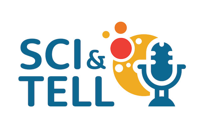 Logo image with "Sci & Tell" words and stylized microphone. 