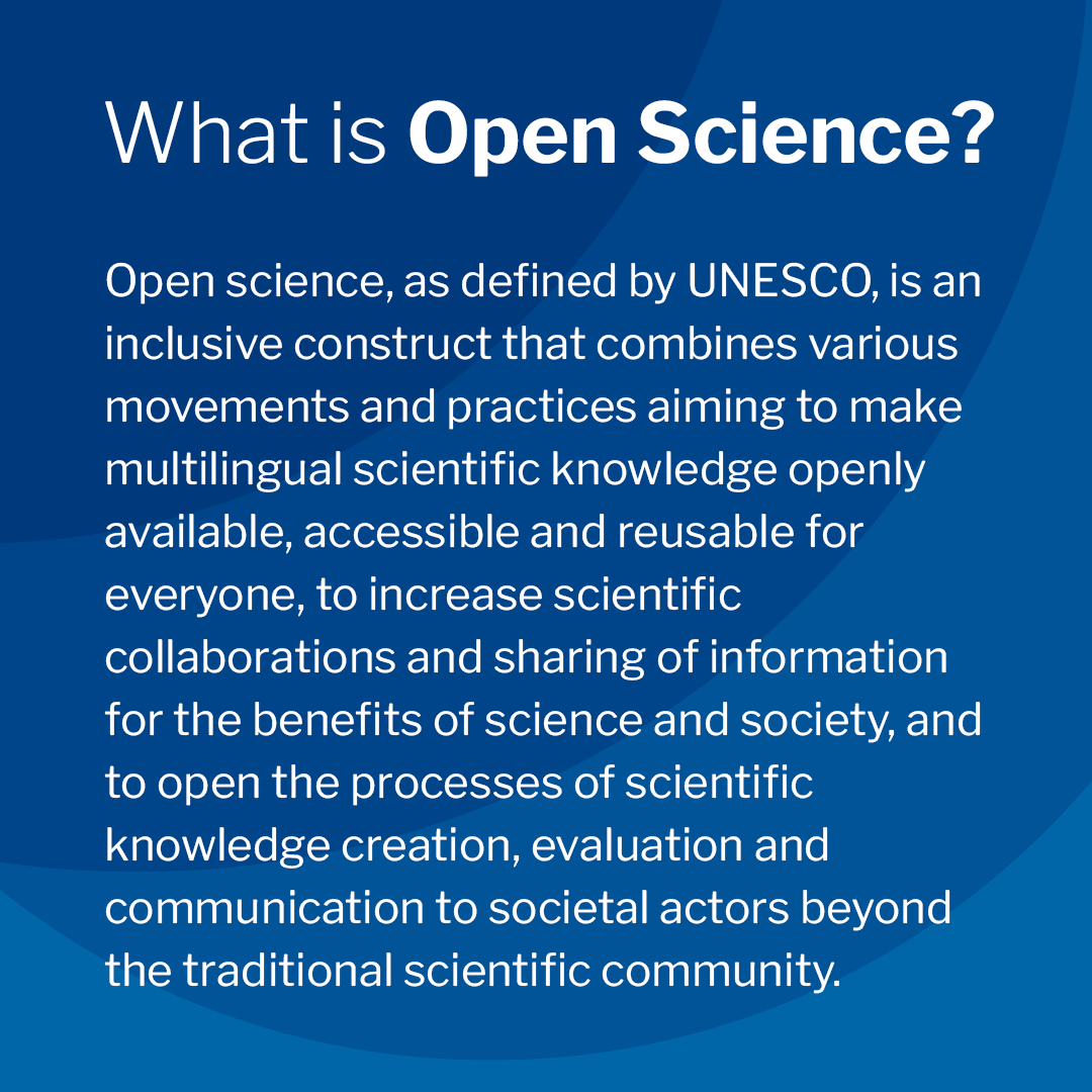 Text image: What is open science? Open science is defined as an inclusive construct that combines various movements and practices aiming to make multilingual scientific knowledge openly available, accessible and reusable for everyone, to increase scientific collaborations and sharing of information for the benefits of science and society, and to open the processes of scientific knowledge creation, evaluation and communication to societal actors beyond the traditional scientific community.