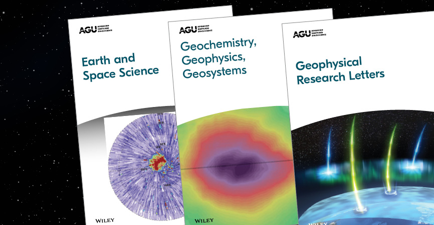 Three AGU journal covers on a dark starry background