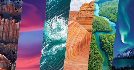 Six different landscapes representing the diversity of nature, the sciences, and mankind.