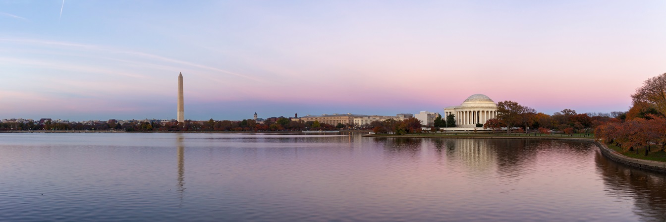 The Tidal Basin in Washington DC, with the Washington Memorial and Jefferson Memorial in the background.
