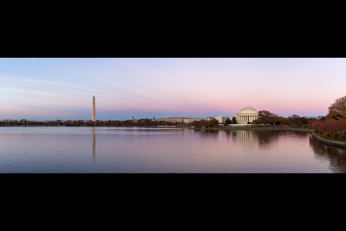 The Tidal Basin in Washington DC, with the Washington Memorial and Jefferson Memorial in the background.