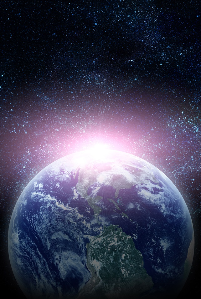Rendering of Earth with stars and sunrise
