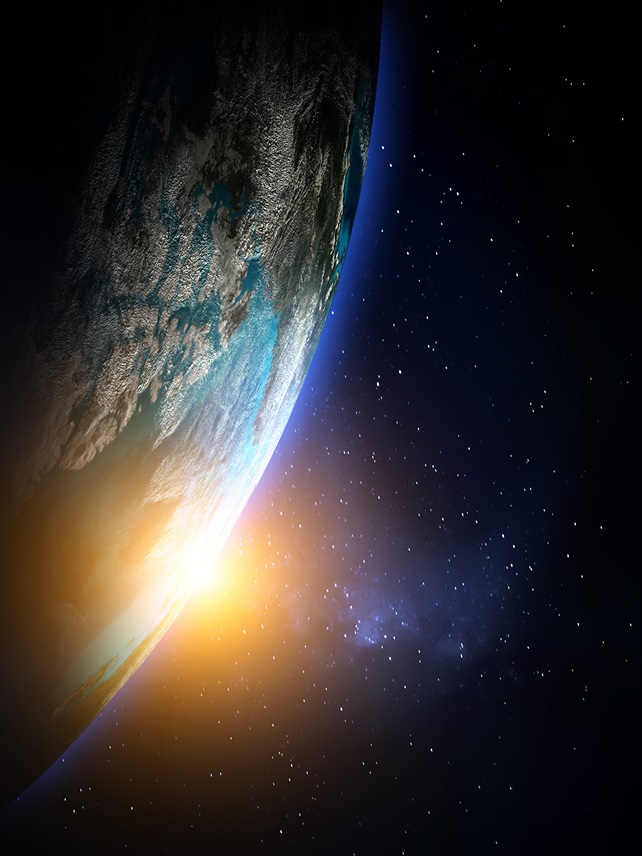 Earth from space with sunrise and stars