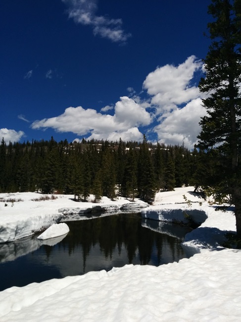 Snow drifts over water somewhere in Wyoming