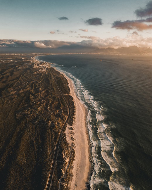 Aerial view of sandy beach and ocean