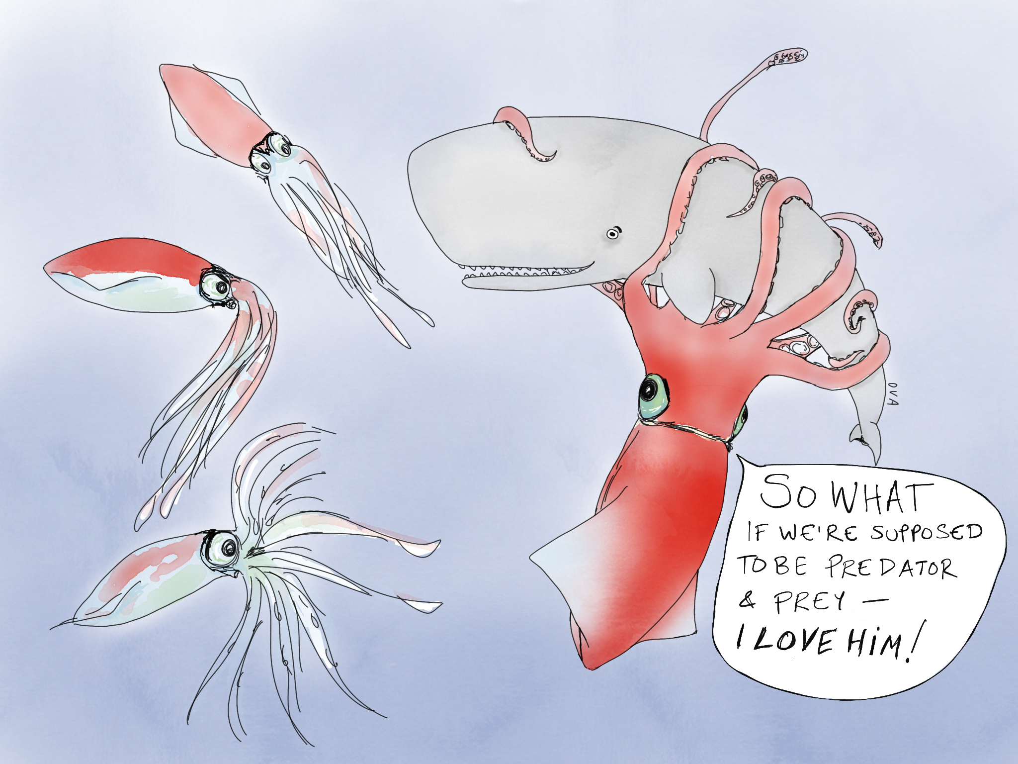 Cartoon for a lesson on storytelling. A squid embraces a whale, telling 3 other squid "So what if we're supposed to be predator and prey - I love him!"